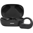Front view of JBL Endurance Peak 3 Black sport true-wireless earbuds with ear-hook design and charging case.
